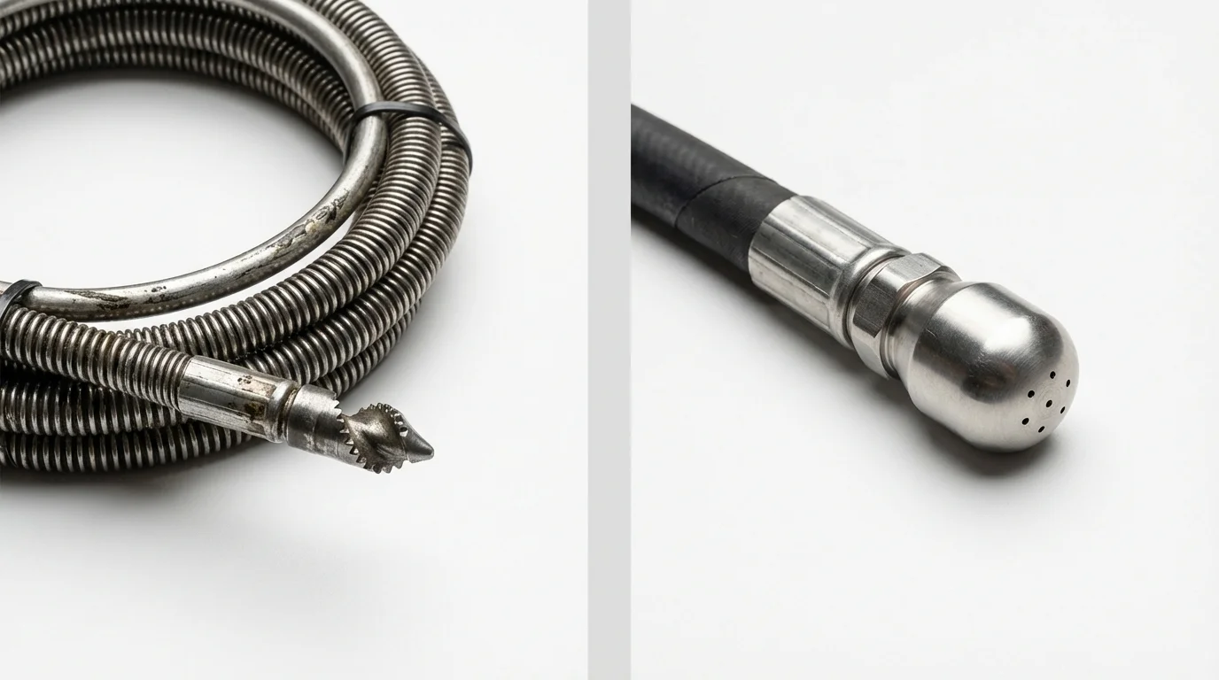 Drain snake cable and hydro jetting nozzle used for drain cleaning in Danville, IN