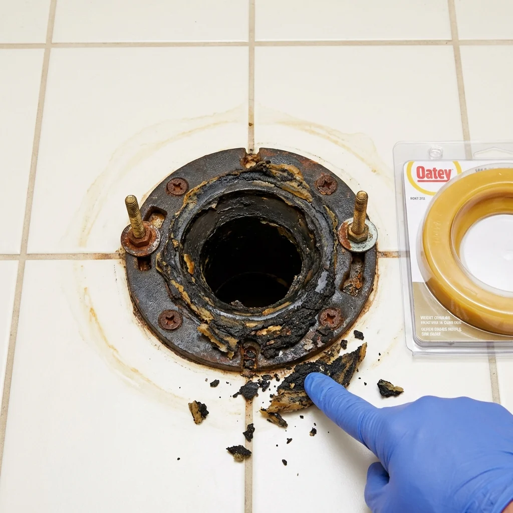 Failed wax ring showing water seepage at the base of a toilet in a Danville, IN home