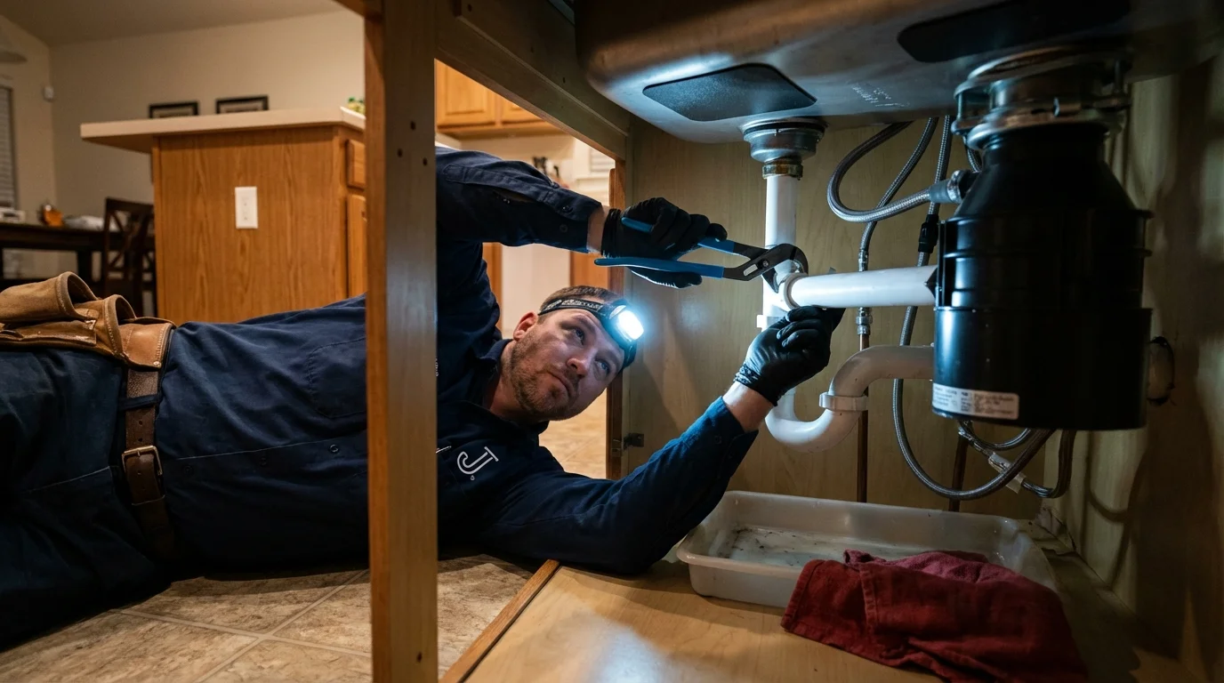 P-trap and supply line connections under a kitchen sink showing a common leak point in Danville, IN
